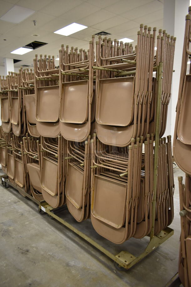 Metal Folding Chair Cart on Commercial Casters w/ Approximately 60 Brown Metal Folding Chairs. (Main Building) - Image 2 of 3
