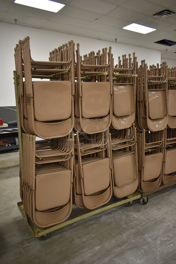 Metal Folding Chair Cart on Commercial Casters w/ Approximately 60 Brown Metal Folding Chairs. (Main Building) - Image 3 of 3