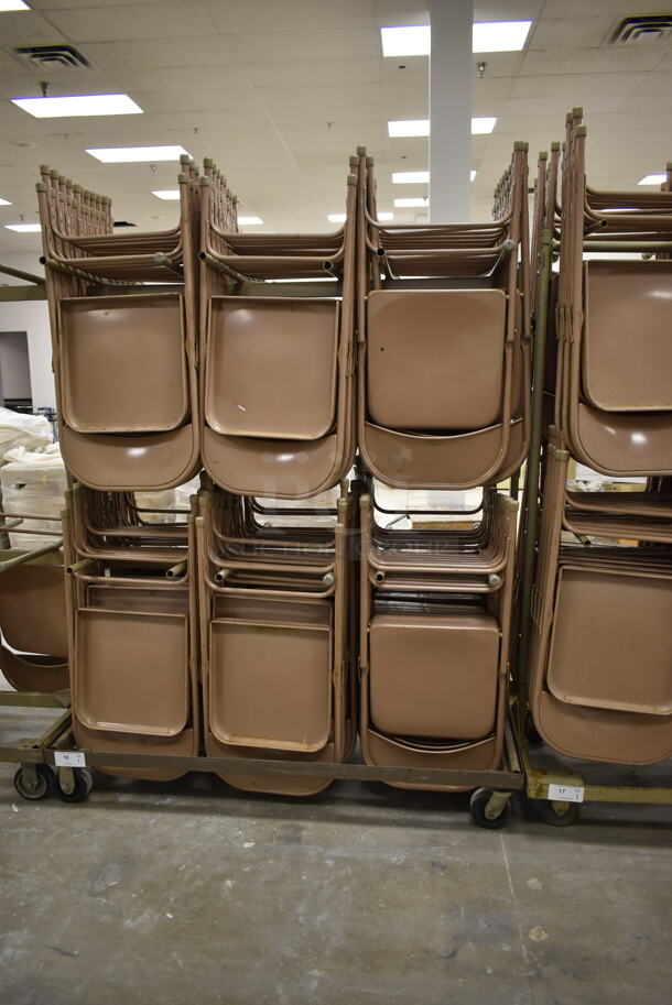 Metal Folding Chair Cart on Commercial Casters w/ Approximately 60 Brown Metal Folding Chairs. (Main Building) - Image 1 of 3
