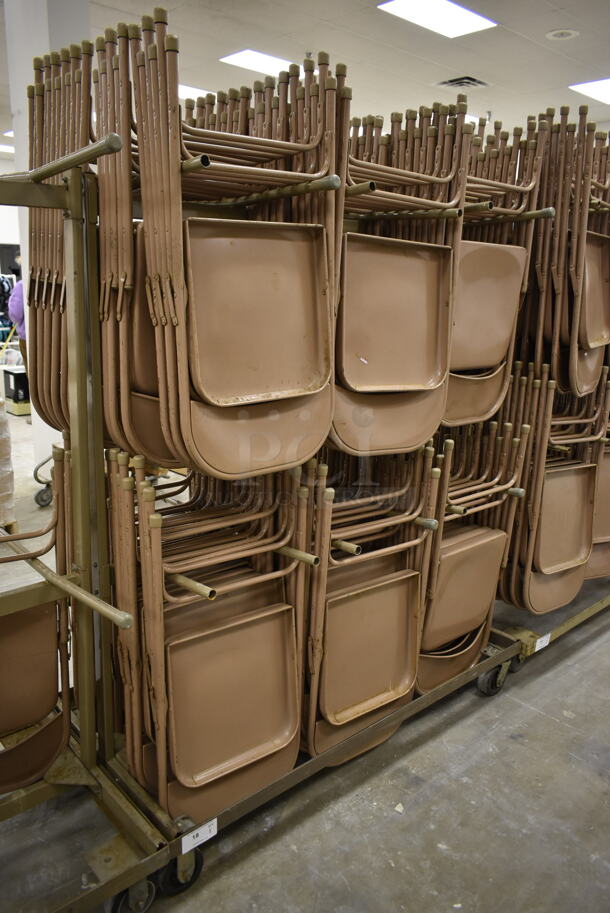 Metal Folding Chair Cart on Commercial Casters w/ Approximately 60 Brown Metal Folding Chairs. (Main Building) - Image 2 of 3