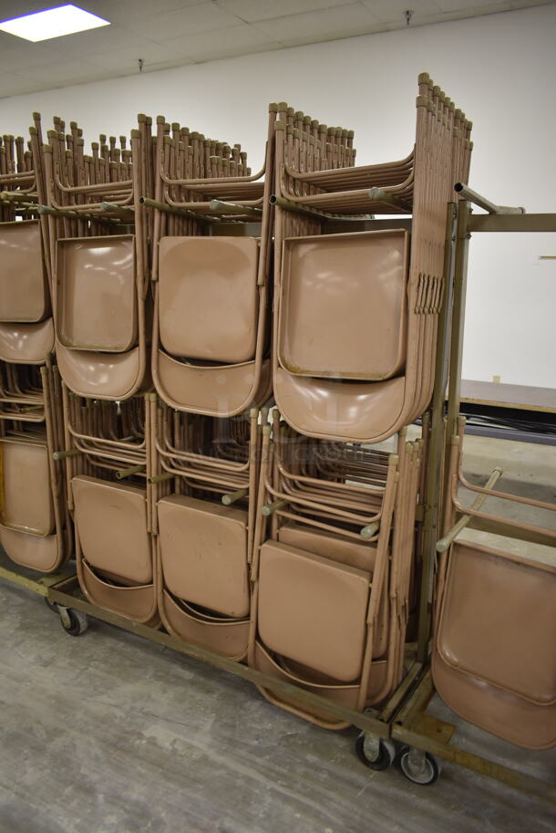 Metal Folding Chair Cart on Commercial Casters w/ Approximately 60 Brown Metal Folding Chairs. (Main Building) - Image 3 of 3