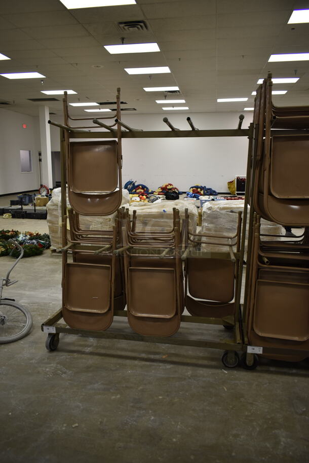 Metal Folding Chair Cart on Commercial Casters w/ Approximately 15 Brown Metal Folding Chairs. (Main Building) - Image 1 of 3