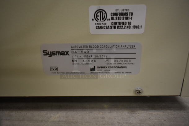 Sysmex CA-540 Metal Countertop Automated Blood Coagulation Analyzer. 117 Volts, 1 Phase. (Main Building) - Image 6 of 7