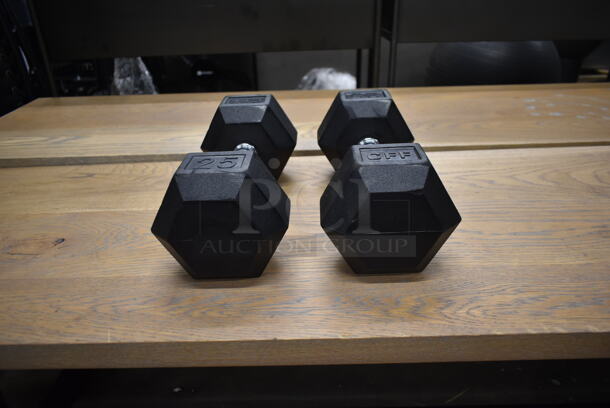 2 Metal 25 Pound Rubber Hex Dumbbells. Stock Picture - Cosmetic Condition May Vary. 2 Times Your Bid! - Image 1 of 6