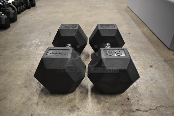 2 York Metal 60 Pound Rubber Hex Dumbbells. 2 Times Your Bid! - Image 1 of 6