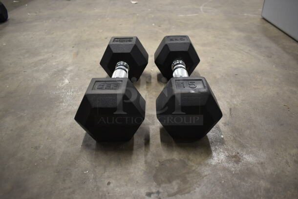 2 Metal 15 Pound Rubber Hex Dumbbells. Stock Picture - Cosmetic Condition May Vary. 2 Times Your Bid! - Image 1 of 6