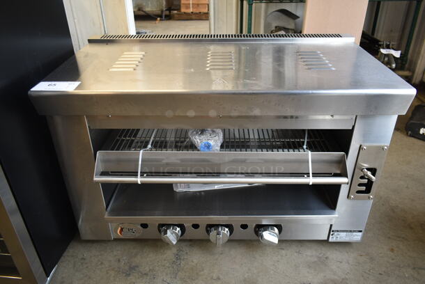 BRAND NEW SCRATCH AND DENT! 2022 Cooking Performance Group CPG 351S36SBN Stainless Steel Commercial Natural Gas Powered Salamander Broiler Cheese Melter. 36,000 BTU. - Image 1 of 5