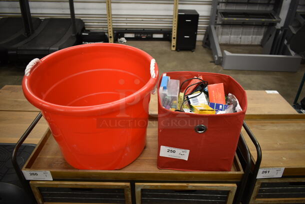ALL ONE MONEY! Lot of Various Items Including Red Poly Bucket, Red Basket and Contents - Image 1 of 7