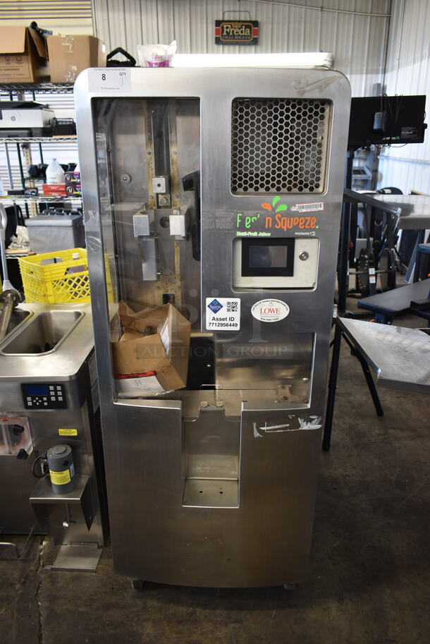 Fresh N Squeeze 2 CEN MFJ Stainless Steel Commercial Floor Style Automatic Citrus Juicer on Commercial Casters. 110 Volts, 1 Phase. Tested and Powers On But Parts Do Not Move - Image 1 of 10