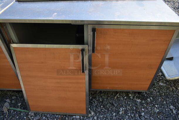 Duke Stainless Steel Commercial Counter w/ Back Splash, 2 Wood Pattern Doors and Contents. - Image 3 of 7