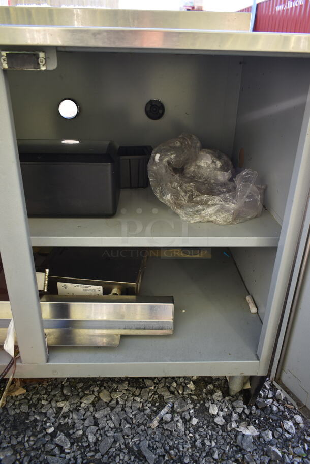 Duke Stainless Steel Commercial Counter w/ Back Splash, 2 Wood Pattern Doors and Contents. - Image 6 of 7