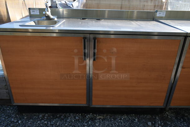 Duke Stainless Steel Commercial Counter w/ Sink Bay, Faucet, Handle, Back Splash and 2 Wood Pattern Doors. - Image 3 of 7
