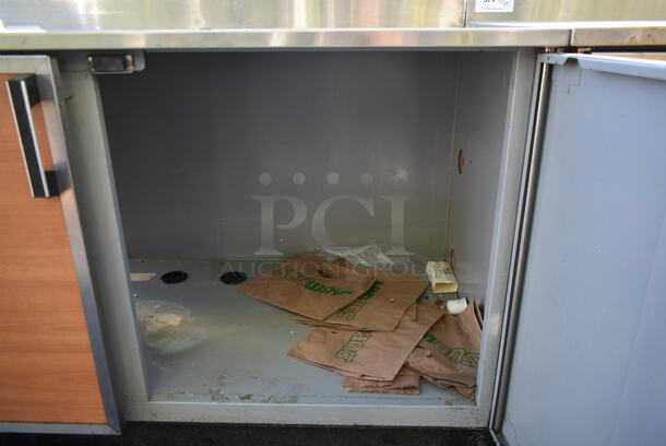Duke Stainless Steel Commercial Counter w/ Sink Bay, Faucet, Handle, Back Splash and 2 Wood Pattern Doors. - Image 7 of 7