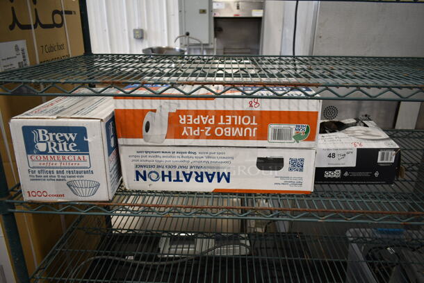 ALL ONE MONEY! Tier Lot of 3 Boxes; Brew Basket Filters, Toilet Paper and Plastic Cutlery.  - Image 1 of 4