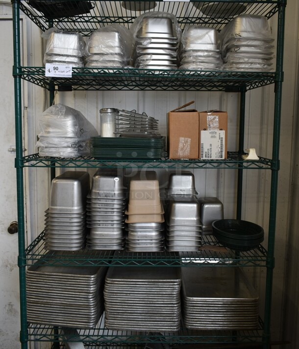 ALL ONE MONEY! Four Tier Lot of Various Items Including Stainless Steel Drop In Bins, and Metal Baking Pans.  - Image 1 of 7