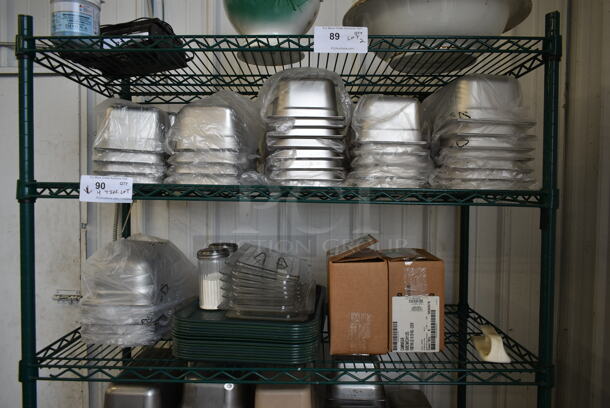 ALL ONE MONEY! Four Tier Lot of Various Items Including Stainless Steel Drop In Bins, and Metal Baking Pans.  - Image 2 of 7