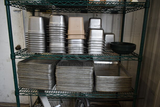ALL ONE MONEY! Four Tier Lot of Various Items Including Stainless Steel Drop In Bins, and Metal Baking Pans.  - Image 3 of 7