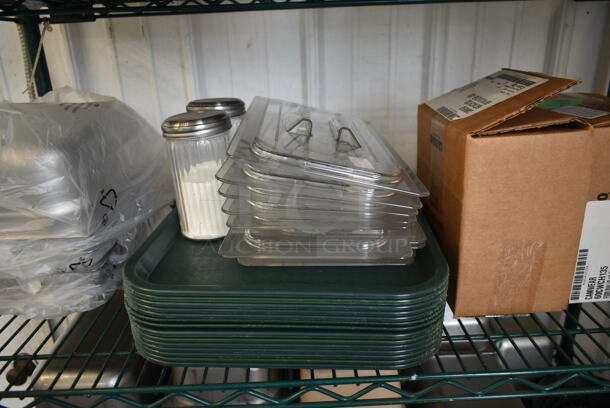 ALL ONE MONEY! Four Tier Lot of Various Items Including Stainless Steel Drop In Bins, and Metal Baking Pans.  - Image 4 of 7