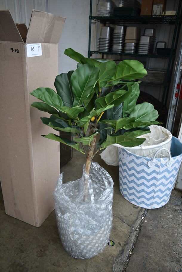 BRAND NEW! 3' Fake Fiddle Leaf Fig Tree in Woven Basket. - Image 1 of 3