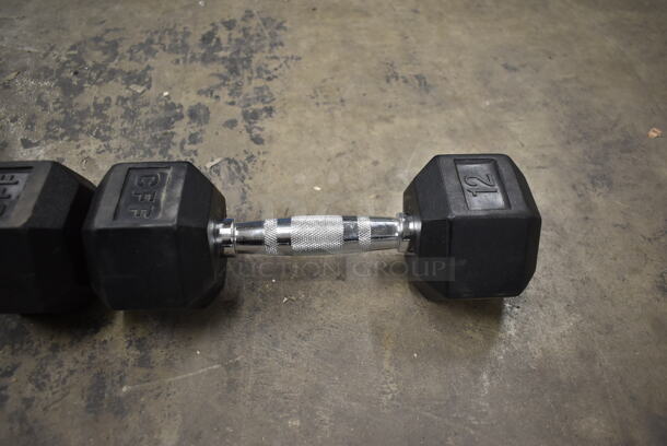2 Metal 12 Pound Rubber Hex Dumbbells. Stock Picture - Cosmetic Condition May Vary. 2 Times Your Bid! - Image 4 of 6