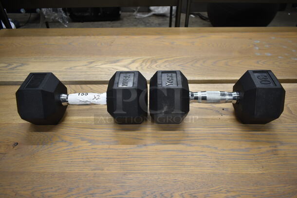 2 York Metal 30 Pound Rubber Hex Dumbbells. 2 Times Your Bid! - Image 2 of 6