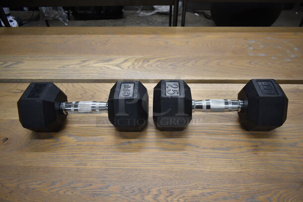 2 Metal 25 Pound Rubber Hex Dumbbells. Stock Picture - Cosmetic Condition May Vary. 2 Times Your Bid! - Image 2 of 6