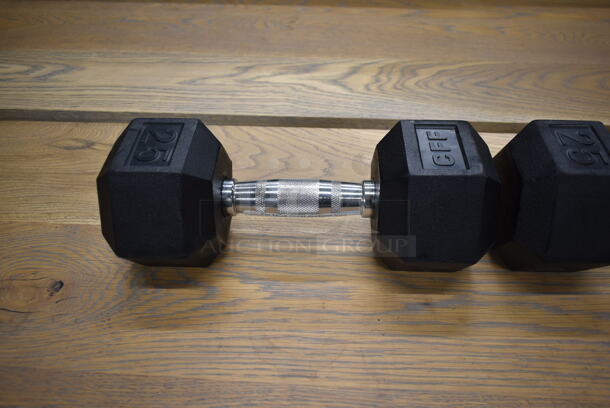 2 Metal 25 Pound Rubber Hex Dumbbells. Stock Picture - Cosmetic Condition May Vary. 2 Times Your Bid! - Image 3 of 6