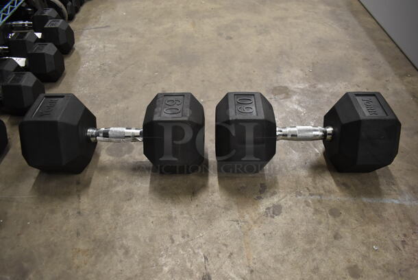 2 York Metal 60 Pound Rubber Hex Dumbbells. 2 Times Your Bid! - Image 2 of 6