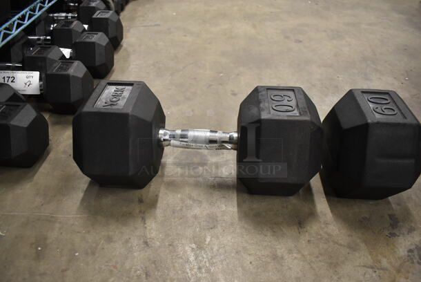 2 York Metal 60 Pound Rubber Hex Dumbbells. 2 Times Your Bid! - Image 3 of 6