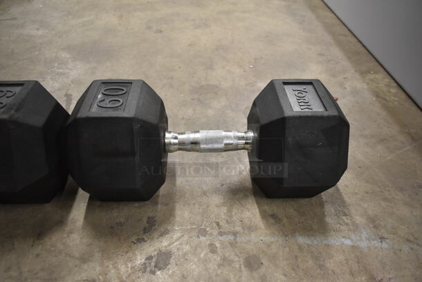 2 York Metal 60 Pound Rubber Hex Dumbbells. 2 Times Your Bid! - Image 4 of 6