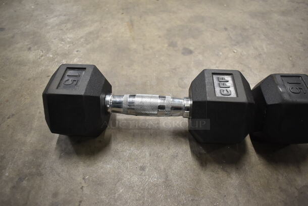 2 Metal 15 Pound Rubber Hex Dumbbells. Stock Picture - Cosmetic Condition May Vary. 2 Times Your Bid! - Image 3 of 6