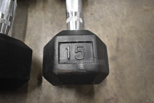 2 Metal 15 Pound Rubber Hex Dumbbells. Stock Picture - Cosmetic Condition May Vary. 2 Times Your Bid! - Image 6 of 6