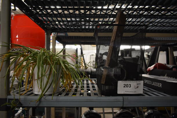 ALL ONE MONEY! Lot of Plant and Metal Mesh Trash Can w/ Contents. - Image 1 of 6