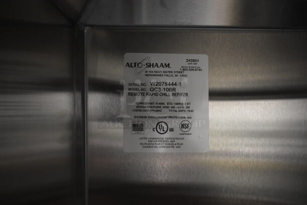 BRAND NEW! 2019 Alto Shaam QC3-100R Stainless Steel Commercial Floor Style Blast Chiller w/ 3 Probes. Comes w/ Remote RivaCold Compressor and Metal Pan Transport Rack. 115/208-230 Volts, 1 Phase. Stock Picture Used as Gallery Picture - Image 6 of 12