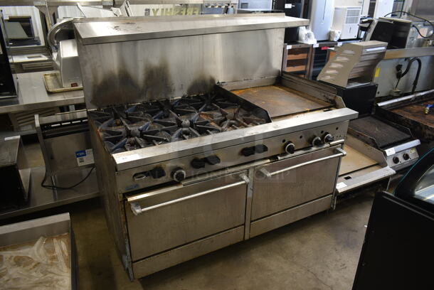 Garland X60-6G24RR Stainless Steel Commercial Natural Gas Powered 6 Burner Range w/ Flat Top Griddle, 2 Ovens, Over Shelf and Back Splash.  - Image 1 of 10
