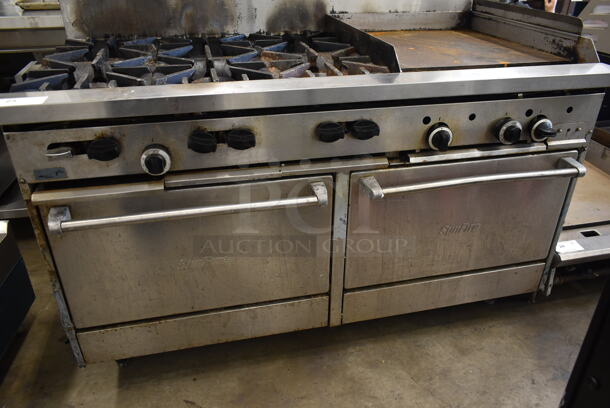 Garland X60-6G24RR Stainless Steel Commercial Natural Gas Powered 6 Burner Range w/ Flat Top Griddle, 2 Ovens, Over Shelf and Back Splash.  - Image 5 of 10