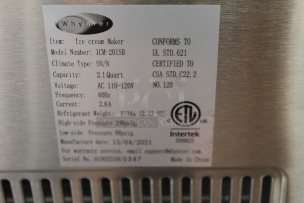 BRAND NEW SCRATCH AND DENT! Whynter ICM-201SB 2.1 Quart Countertop Automatic Ice Cream Maker. 115 Volts, 1 Phase. Tested and Working! - Image 3 of 3