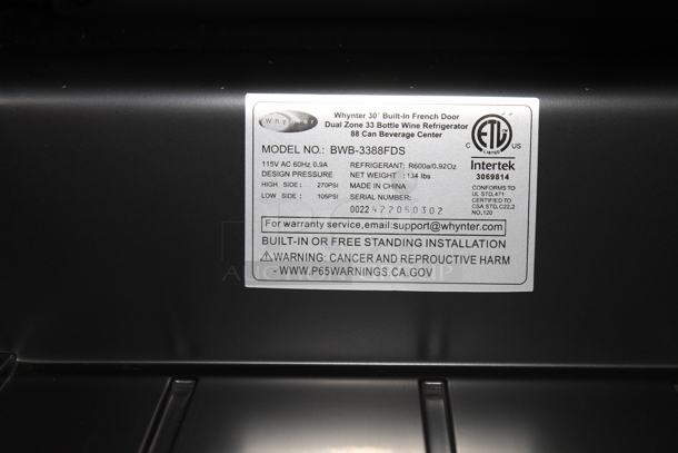 BRAND NEW SCRATCH AND DENT! Whynter BWB-3388FDS 30" Built-In French Door Dual Zone 33 Bottle Wine Refrigerator 88 Can Beverage Center. 115 Volts, 1 Phase. Tested and Working!
 - Image 6 of 6