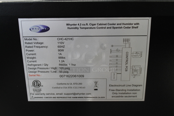 BRAND NEW SCRATCH AND DENT! Whynter CHC-421HC 4.2 cu.ft. Cigar Cabinet Cooler and Humidor with Humidity Temperature Control and Spanish Cedar Shelves. 115 Volts, 1 Phase. Tested and Working! - Image 5 of 5