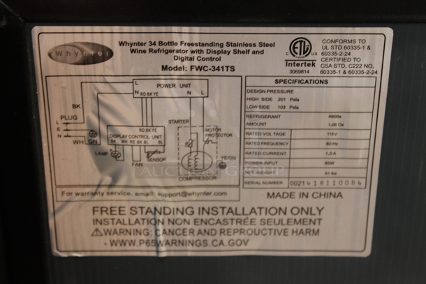 BRAND NEW SCRATCH AND DENT! Whynter FWC-341TS 34 Bottle Freestanding Stainless Steel Wine Refrigerator Merchandiser with Display Shelf and Digital Control. 115 Volts, 1 Phase. Tested and Working! - Image 3 of 4