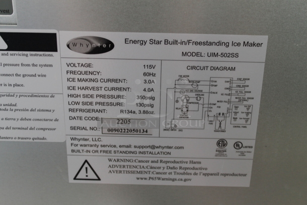BRAND NEW SCRATCH AND DENT! Whynter UIM-502SS Stainless Steel Commercial Built-in / Freestanding Maker-50lb Capacity Clear Cube Ice Maker. 115 Volts, 1 Phase. Tested and Working!
 - Image 6 of 6