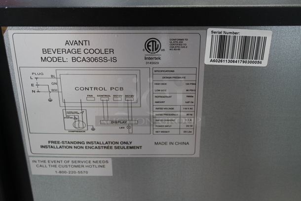 BRAND NEW SCRATCH AND DENT! Avanti BCA306SS-IS 10 Bottle 70 Can Beverage Cooler Wine Chiller Merchandiser. 115 Volts, 1 Phase. Tested and Working! - Image 3 of 4