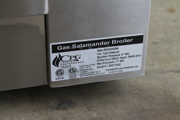 BRAND NEW SCRATCH AND DENT! 2022 Cooking Performance Group CPG 351S36SBN Stainless Steel Commercial Natural Gas Powered Salamander Broiler Cheese Melter. 36,000 BTU. - Image 4 of 5