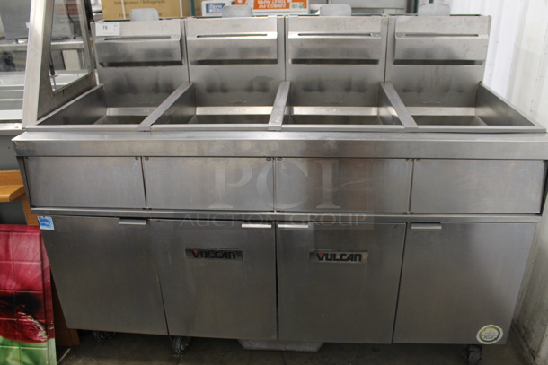 Vulcan 4TR45AF-2 Stainless Steel Commercial Propane Gas Powered 4 Bay Deep Fat Fryer w/ Filtration System on Commercial Casters. 280,000 BTU. - Image 1 of 12