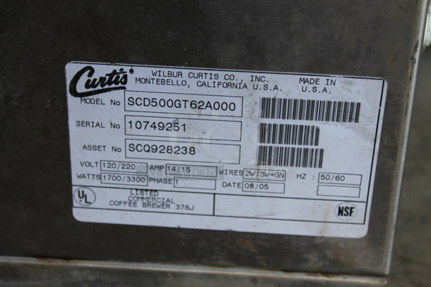 Curtis SCD500GT62A000 Stainless Steel Commercial Countertop Coffee Machine w/ Hot Water Dispenser. 120/220 Volts, 1 Phase.  - Image 5 of 6