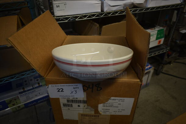 3 Boxes of 18 BRAND NEW! 8.5" White Ceramic Bowls w/ Red Lines. 3 Times Your Bid! - Image 1 of 5