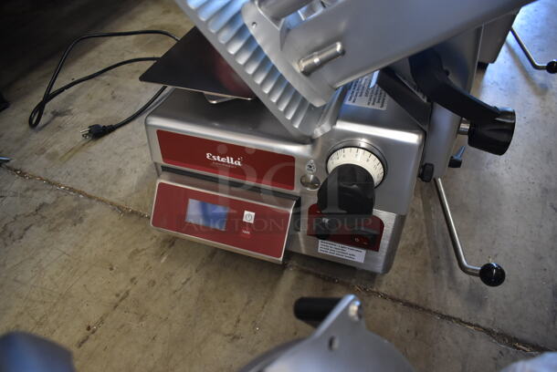 BRAND NEW SCRATCH AND DENT! Estella 348SLAS13 Stainless Steel Commercial Countertop Automatic Meat Slicer w/ Blade Sharpener. 120 Volts, 1 Phase. Tested and Powers On But Parts Do Not Move - Image 5 of 7