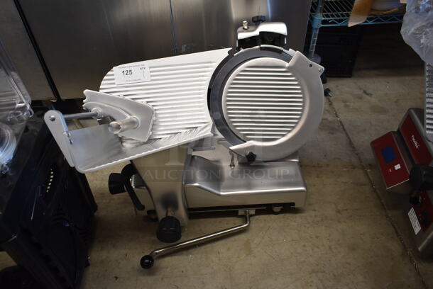 BRAND NEW SCRATCH AND DENT! Estella 348SLM12 Stainless Steel Commercial Countertop Automatic Meat Slicer w/ Blade Sharpener. 120 Volts, 1 Phase. Tested and Working! - Image 1 of 6