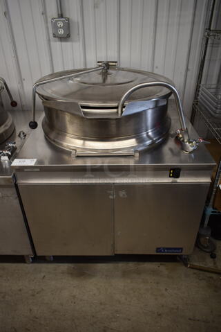 Cleveland KDM-40-T Stainless Steel Commercial Floor Style Steam Powered 40 Gallon Steam Kettle.