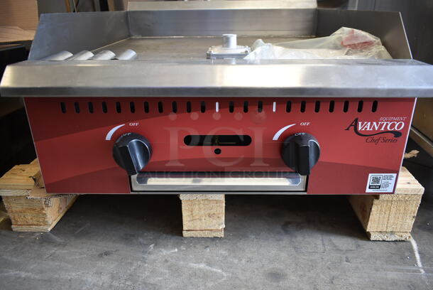 BRAND NEW IN BOX! Avantco 177CAG24MG Stainless Steel Commercial Countertop Gas Powered Flat Top Griddle. 60,000 BTU. Stock Picture Used as Gallery. Tested and Working! - Image 8 of 11